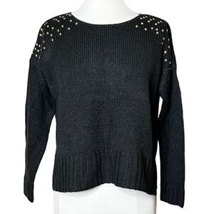 Elan studded Shoulder Chunky Side Split Hem Chunky Sweater Black